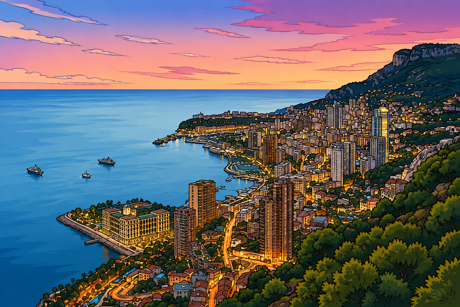 Monte-Carlo at sunset, the city beside the Mediterranean